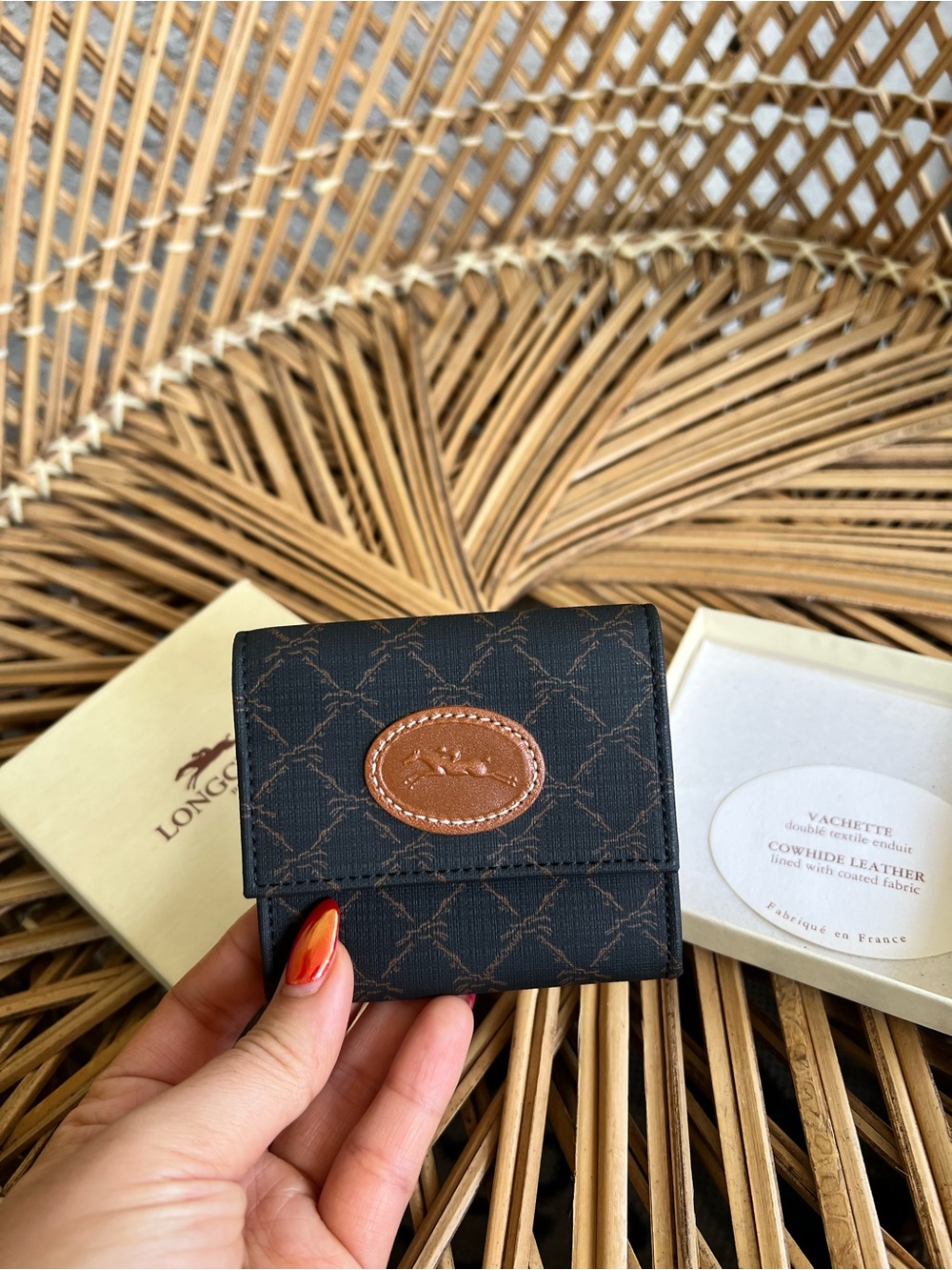 Longchamp Black Wallet/Coin case with Tan Leather Patch